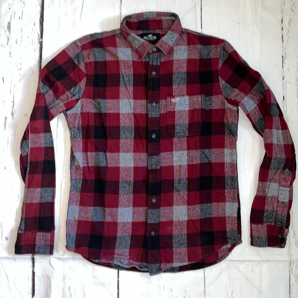 Hollister Men's Red Gray Flannel Shirt Medium Shacket 100% Cotton